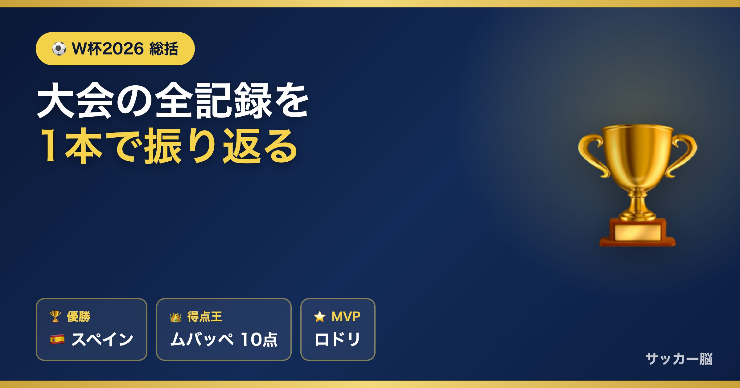 W杯2026総括（優勝スペイン・得点王ムバッペ・MVPロドリ）